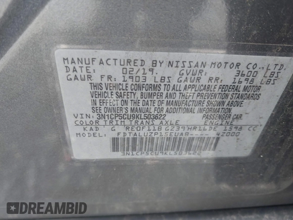 2019 Nissan Kicks SR with VIN 3N1CP5CU9KL503622, listed as a IAAI auction lot 42045362 with 69,000 mi miles. Bid and sale history available at carsss.com. Image 9.