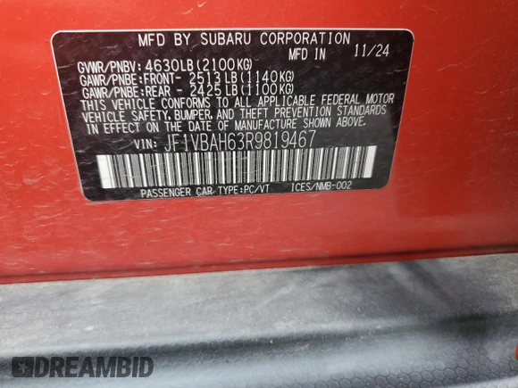 2024 Subaru WRX Premium с VIN JF1VBAH63R9819467, выставлен на аукционе Copart как лот 60785835 с пробегом 7 534 миль миль и Списание • Salvage title. История ставок и продаж доступна на DreamBid. Изображение 12.