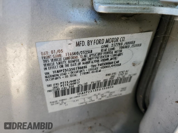 2005 Ford Five Hundred SE with VIN 1FAFP23135G150856, listed as a Copart auction lot 80564344 with 150,793 mi miles and Salvage Title. Bid and sale history available at carsss.com. Image 12.