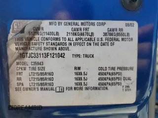 2003 GMC Sierra 3500 SLT z VIN 1GTJC33113F121042, wystawiony jako Copart lot #73668454 z przebiegiem 246 510 mil mil oraz Szkody całkowita. Historia ofert i sprzedaży dostępna na DreamBid. Obrazek 15.