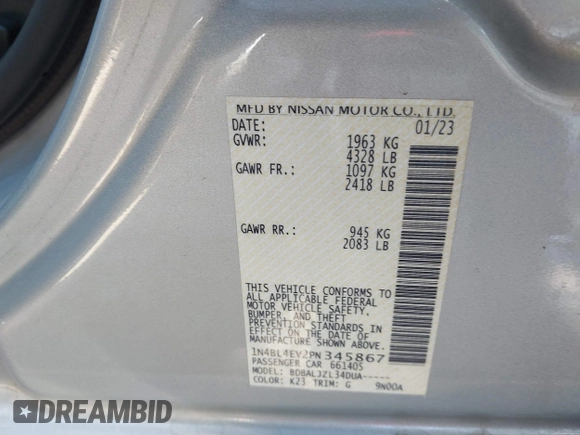 2023 Nissan Altima SL with VIN 1N4BL4EV2PN345867, listed as a IAAI auction lot 41434744 with 39,671 mi miles and . Bid and sale history available at DreamBid. Image 9.