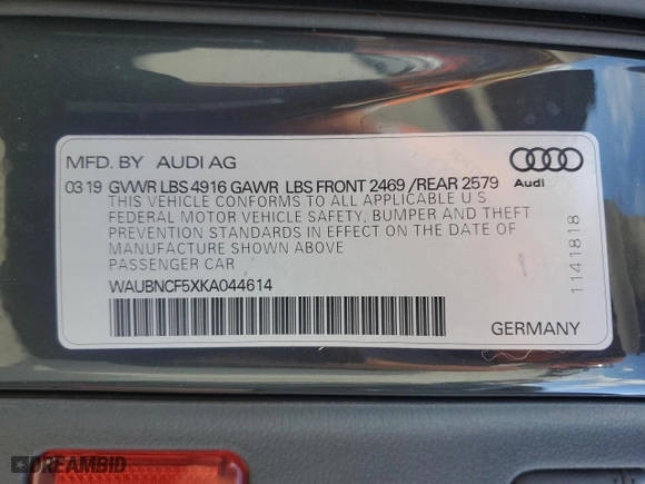 2019 Audi A5 Sportback Premium Plus with VIN WAUBNCF5XKA044614, listed as a Copart auction lot 78509774 with NaN miles and Salvage Title. Bid and sale history available at carsss.com. Image 12.