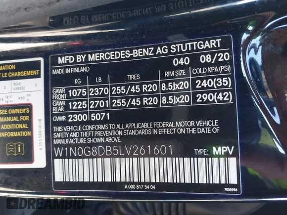 2020 Mercedes-Benz GLC 300 with VIN W1N0G8DB5LV261601, listed as a IAAI auction lot 41123293 with 51,704 mi miles and . Bid and sale history available at DreamBid. Image 9.