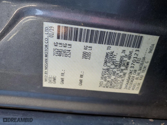 2019 Nissan Maxima SV with VIN 1N4AA6AV3KC370123, listed as a Copart auction lot 45473435 with 171,643 mi miles and Salvage Title. Bid and sale history available at carsss.com. Image 14.
