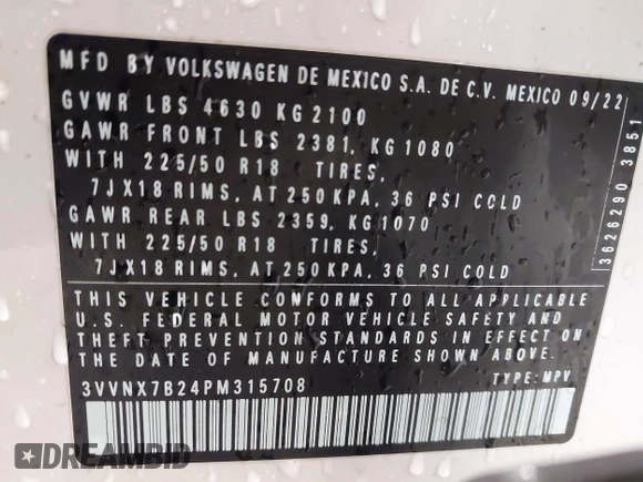 2023 Volkswagen Taos SE z VIN 3VVNX7B24PM315708, wystawiony jako IAAI lot #41935409 z przebiegiem 47 593 mil mil oraz . Historia ofert i sprzedaży dostępna na DreamBid. Obrazek 9.
