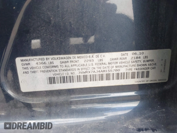2010 Volkswagen Jetta SEL with VIN 3VWRX7AJ4AM155780, listed as a IAAI auction lot 42670291 with 146,409 mi miles and . Bid and sale history available at DreamBid. Image 9.