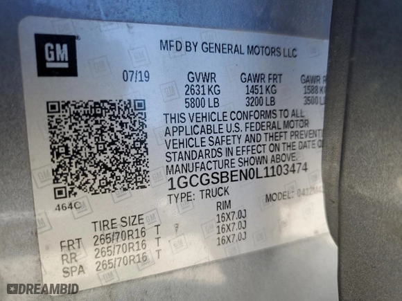 2020 Chevrolet Colorado 2WD Work Truck with VIN 1GCGSBEN0L1103474, listed as a Copart auction lot 48701255 with 86,729 mi miles and Salvage Title. Bid and sale history available at carsss.com. Image 12.