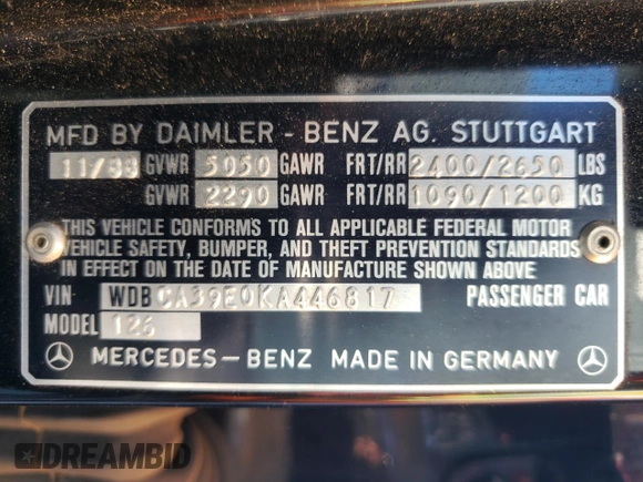 1989 Mercedes-Benz 560 with VIN WDBCA39E0KA446817, listed as a Copart auction lot 81615244 with 270,136 mi miles and Salvage Title. Bid and sale history available at DreamBid. Image 12.
