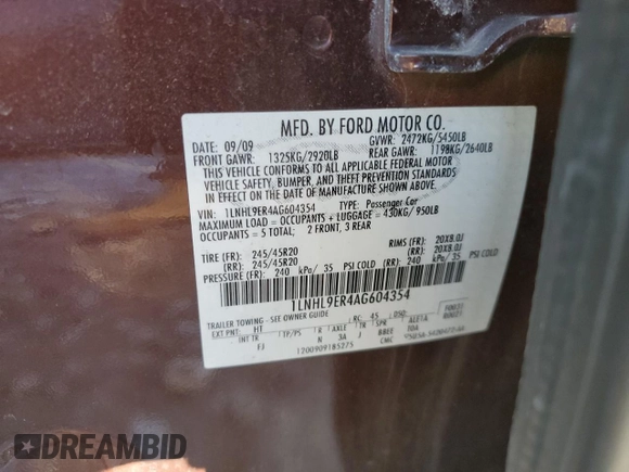 2010 Lincoln MKS with VIN 1LNHL9ER4AG604354, listed as a Copart auction lot 74895724 with Not Provided miles and Clean Title. Bid and sale history available at DreamBid. Image 12.