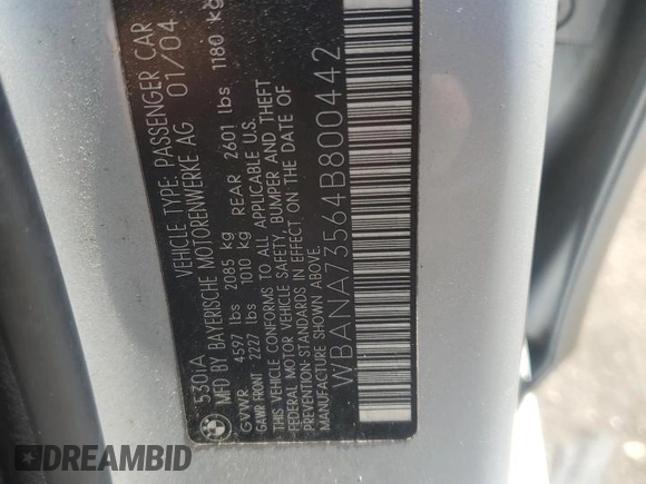 2004 BMW 5 Series 530i with VIN WBANA73564B800442, listed as a Copart auction lot 60281575 with 152,888 mi miles and Clean title. Bid and sale history available at DreamBid. Image 12.