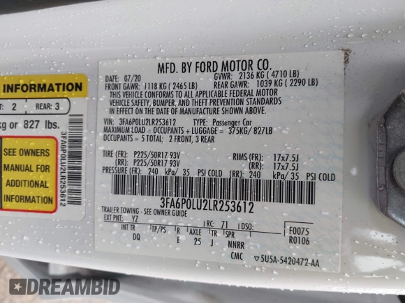 2020 Ford Fusion SE z VIN 3FA6P0LU2LR253612, wystawiony jako IAAI lot #41798850 z przebiegiem 58 219 mil mil oraz . Historia ofert i sprzedaży dostępna na DreamBid. Obrazek 9.