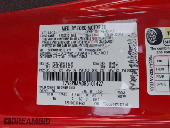 2011 Ford Mustang V6 z VIN 1ZVBP8AM3B5101427, wystawiony jako IAAI lot #42213912 z przebiegiem 146 591 mil mil oraz . Historia ofert i sprzedaży dostępna na DreamBid. Obrazek 9.