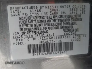 2015 Nissan Sentra SR with VIN 3N1AB7AP8FL693482, listed as a Copart auction lot 54710715 with 108,799 mi miles and Salvage Title. Bid and sale history available at DreamBid. Image 12.
