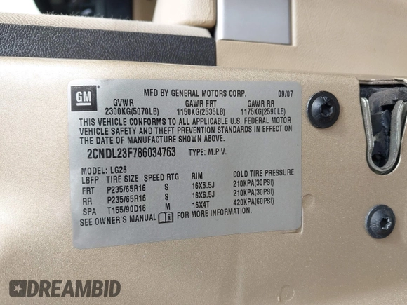 2008 Chevrolet Equinox LS z VIN 2CNDL23F786034763, wystawiony jako IAAI lot #41708122 z przebiegiem 144 017 mil mil oraz . Historia ofert i sprzedaży dostępna na DreamBid. Obrazek 9.