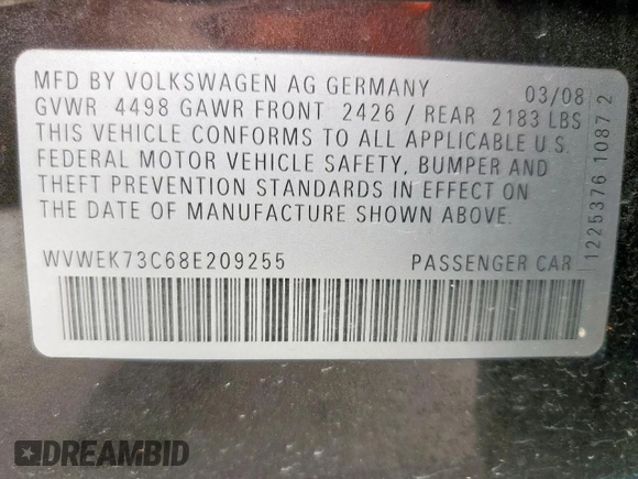 2008 Volkswagen Passat Lux with VIN WVWEK73C68E209255, listed as a Copart auction lot 57146235 with 195,166 mi miles and Clean title. Bid and sale history available at DreamBid. Image 12.