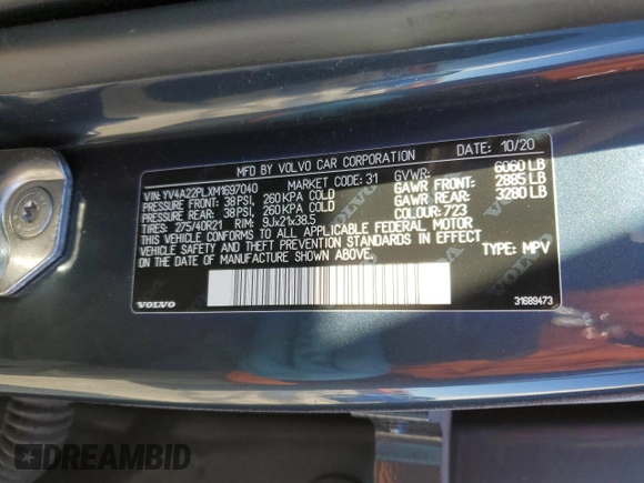 2021 Volvo XC90 Inscription with VIN YV4A22PLXM1697040, listed as a Copart auction lot 45976255 with 52,039 mi miles and Salvage title. Bid and sale history available at DreamBid. Image 13.
