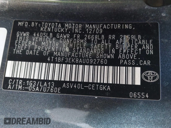 2010 Toyota Camry with VIN 4T1BF3EK8AU092760, listed as a IAAI auction lot 41439180 with 178,817 mi miles and . Bid and sale history available at DreamBid. Image 9.