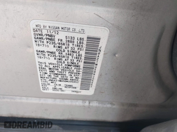 2013 Nissan Murano SL z VIN JN8AZ1MU5DW205852, wystawiony jako IAAI lot #41465599 z przebiegiem 149 015 mil mil oraz . Historia ofert i sprzedaży dostępna na DreamBid. Obrazek 8.