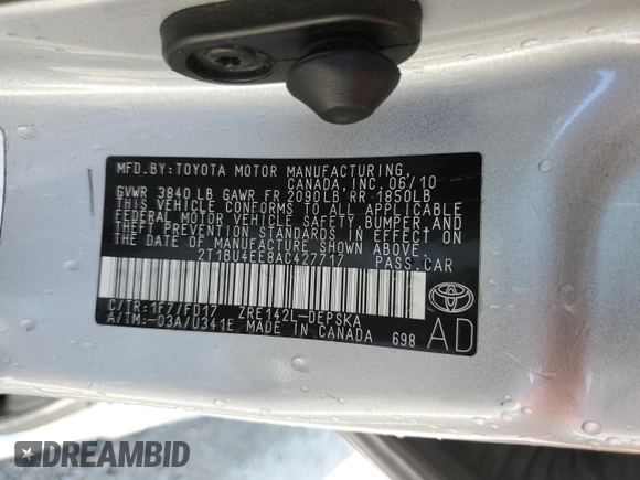 2010 Toyota Corolla with VIN 2T1BU4EE8AC427717, listed as a Copart auction lot 57528435 with 142,826 mi miles and Salvage title. Bid and sale history available at DreamBid. Image 12.