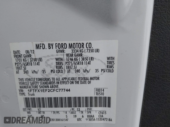 2012 Ford F-150 XL with VIN 1FTFX1EF2CFC77744, listed as a IAAI auction lot 41565431 with 200,701 mi miles. Bid and sale history available at carsss.com. Image 9.