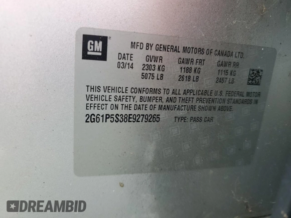 2014 Cadillac XTS Premium with VIN 2G61P5S38E9279265, listed as a Copart auction lot 54520015 with Not Provided miles and Clean Title. Bid and sale history available at DreamBid. Image 12.
