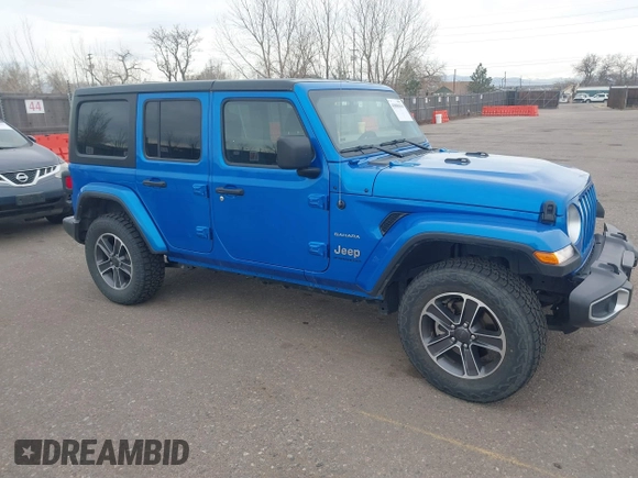 2023 Jeep Wrangler Sahara with VIN 1C4HJXEN4PW702181, listed as a IAAI auction lot 41808434 with 44,291 mi miles. Bid and sale history available at carsss.com. Image 1.
