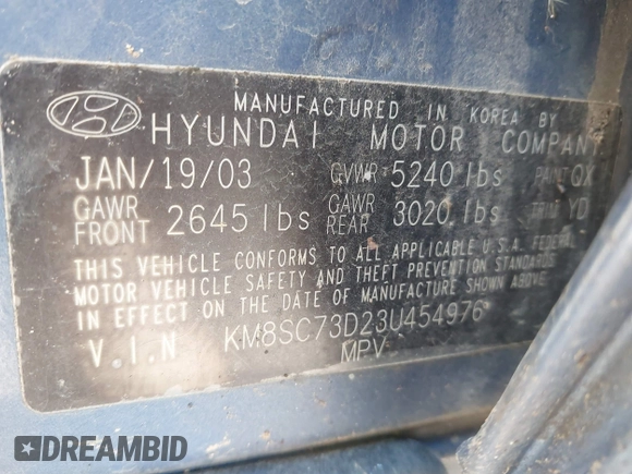 2003 Hyundai Santa Fe GLS with VIN KM8SC73D23U454976, listed as a IAAI auction lot 41777273 with 191,402 mi miles. Bid and sale history available at carsss.com. Image 9.