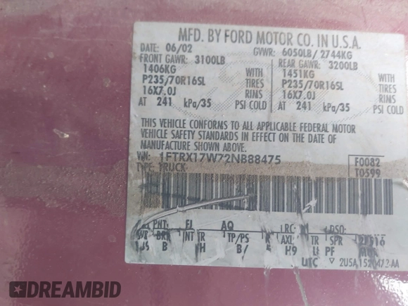 2002 Ford F-150 XL with VIN 1FTRX17W72NB88475, listed as a IAAI auction lot 41574244 with 200,396 mi miles. Bid and sale history available at carsss.com. Image 9.