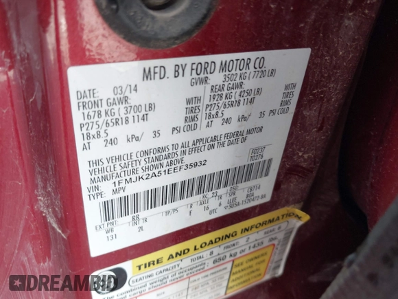 2014 Ford Expedition Max Limited с VIN 1FMJK2A51EEF35932, выставлен на аукционе IAAI как лот 42170980 с пробегом 179 843 миль миль и . История ставок и продаж доступна на DreamBid. Изображение 9.