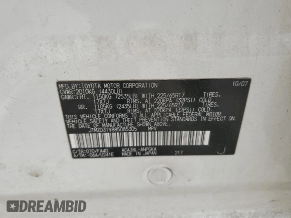 2008 Toyota RAV4 Ltd with VIN JTMZD31V885085305, listed as a Copart auction lot 49536335 with 0 mi miles and Salvage Title. Bid and sale history available at carsss.com. Image 14.