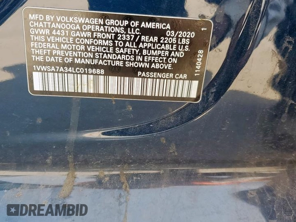 2020 Volkswagen Passat SE with VIN 1VWSA7A34LC019688, listed as a Copart auction lot 56593315 with 103,612 mi miles and Salvage title. Bid and sale history available at DreamBid. Image 12.