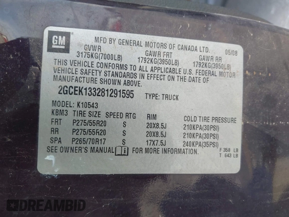 2008 Chevrolet Silverado 1500 LTZ with VIN 2GCEK133281291595, listed as a IAAI auction lot 42031720 with 245,872 mi miles and . Bid and sale history available at DreamBid. Image 9.