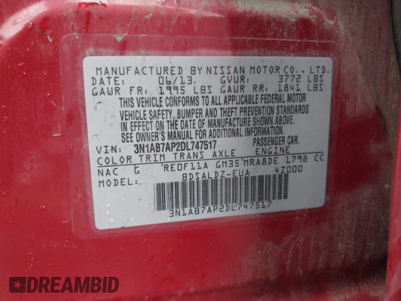 2013 Nissan Sentra SV with VIN 3N1AB7AP2DL747517, listed as a IAAI auction lot 41740258 with 160,117 mi miles and . Bid and sale history available at DreamBid. Image 9.