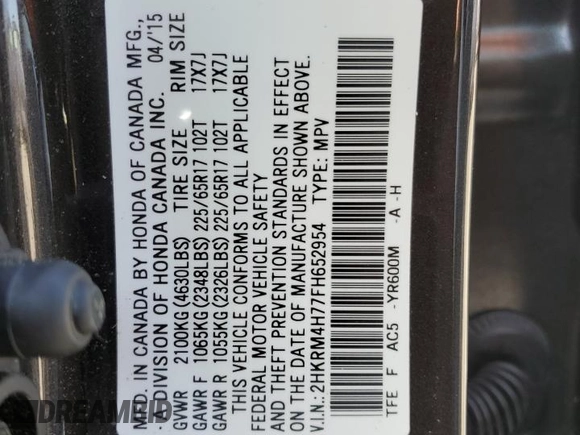 2015 Honda CR-V EX-L with VIN 2HKRM4H77FH652954, listed as a Copart auction lot 54355975 with 66,308 mi miles and Salvage Title. Bid and sale history available at carsss.com. Image 13.