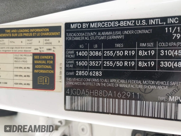 2013 Mercedes-Benz M 350 with VIN 4JGDA5HB8DA162911, listed as a IAAI auction lot 42093884 with 56,177 mi miles and . Bid and sale history available at DreamBid. Image 9.