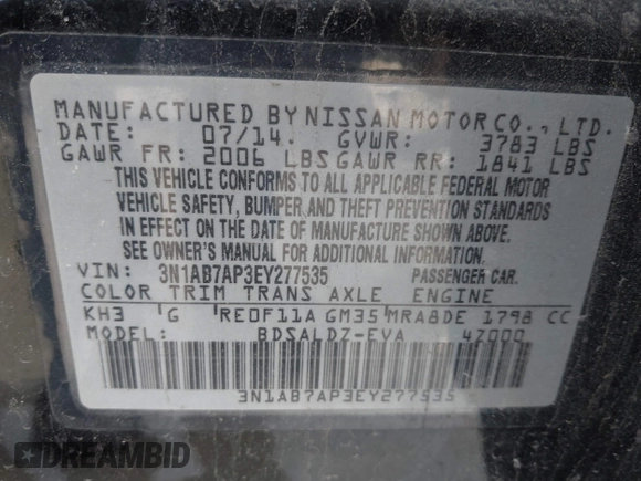 2014 Nissan Sentra S with VIN 3N1AB7AP3EY277535, listed as a IAAI auction lot 41637292 with 133,836 mi miles and . Bid and sale history available at DreamBid. Image 9.