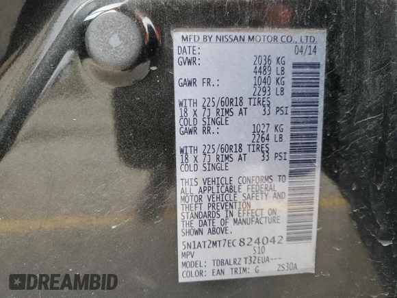 2014 Nissan Rogue SV with VIN 5N1AT2MT7EC824042, listed as a Copart auction lot 86864274 with 206,368 mi miles and Salvage Title. Bid and sale history available at DreamBid. Image 15.
