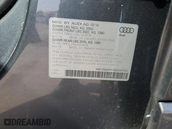 2014 Audi Q5 Premium Plus with VIN WA1DGAFP1EA090763, listed as a Copart auction lot 57222925 with 71,072 mi miles and Salvage title. Bid and sale history available at DreamBid. Image 13.