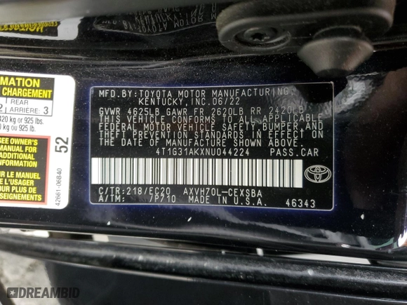 2022 Toyota Camry Hybrid SE with VIN 4T1G31AKXNU044224, listed as a Copart auction lot 44176305 with 52,989 mi miles and Salvage Title. Bid and sale history available at carsss.com. Image 12.