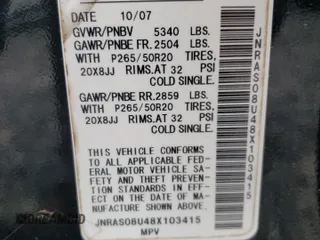 2008 Infiniti FX35 with VIN JNRAS08U48X103415, listed as a Copart auction lot 69342684 with 184,926 mi miles and Salvage Title. Bid and sale history available at carsss.com. Image 13.