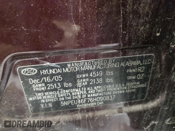 2006 Hyundai Sonata GLS with VIN 5NPEU46F76H090837, listed as a Copart auction lot 44444215 with 109,886 mi miles and Non Repairable. Bid and sale history available at DreamBid. Image 12.