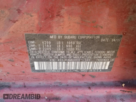 2017 Subaru Impreza Special Sports with VIN 4S3GKAM6XH3617560, listed as a Copart auction lot 50594525 with 148,804 mi miles and Salvage title. Bid and sale history available at DreamBid. Image 13.