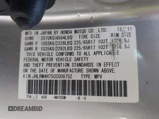 2012 Honda CR-V EX-L with VIN JHLRM4H75CC008752, listed as a IAAI auction lot 42150995 with 159,313 mi miles. Bid and sale history available at carsss.com. Image 9.