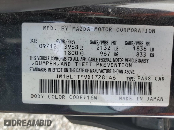2013 Mazda 3 i SV with VIN JM1BL1TF9D1728146, listed as a Copart auction lot 79329334 with 185,761 mi miles and Clean title. Bid and sale history available at DreamBid. Image 12.