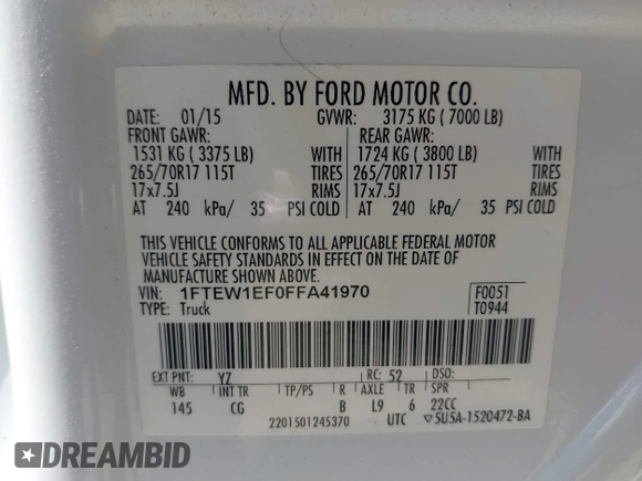 2015 Ford F-150 XLT с VIN 1FTEW1EF0FFA41970, выставлен на аукционе IAAI как лот 42849214 с пробегом 56 536 миль миль и . История ставок и продаж доступна на DreamBid. Изображение 9.