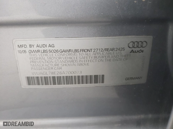 2006 Audi S4 SE with VIN WUAGL78E26A700073, listed as a Copart auction lot 72076464 with 110,259 mi miles and Salvage Title. Bid and sale history available at carsss.com. Image 14.