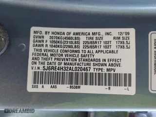 2010 Honda CR-V LX with VIN 5J6RE4H32AL020467, listed as a IAAI auction lot 41964943 with 180,664 mi miles. Bid and sale history available at carsss.com. Image 9.