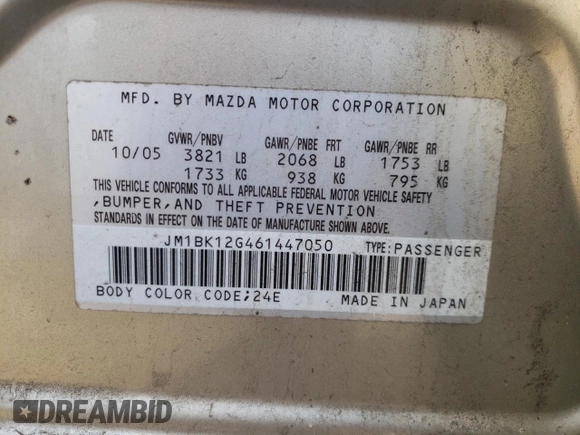 2006 Mazda Mazda3 i with VIN JM1BK12G461447050, listed as a Copart auction lot 53802275 with 161,754 mi miles and Salvage Title. Bid and sale history available at carsss.com. Image 12.