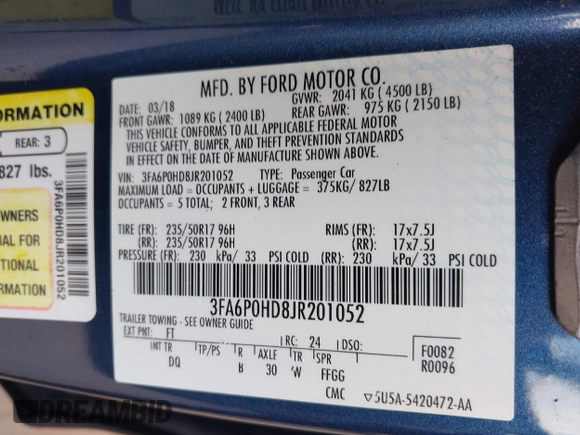 2018 Ford Fusion SE z VIN 3FA6P0HD8JR201052, wystawiony jako IAAI lot #42367050 z przebiegiem 90 502 mil mil oraz . Historia ofert i sprzedaży dostępna na DreamBid. Obrazek 9.