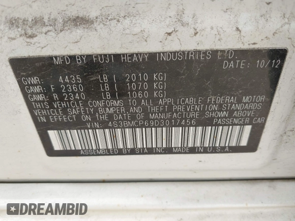 2013 Subaru Legacy Limited with VIN 4S3BMCP69D3017456, listed as a IAAI auction lot 42446474 with Not provided miles and . Bid and sale history available at DreamBid. Image 9.
